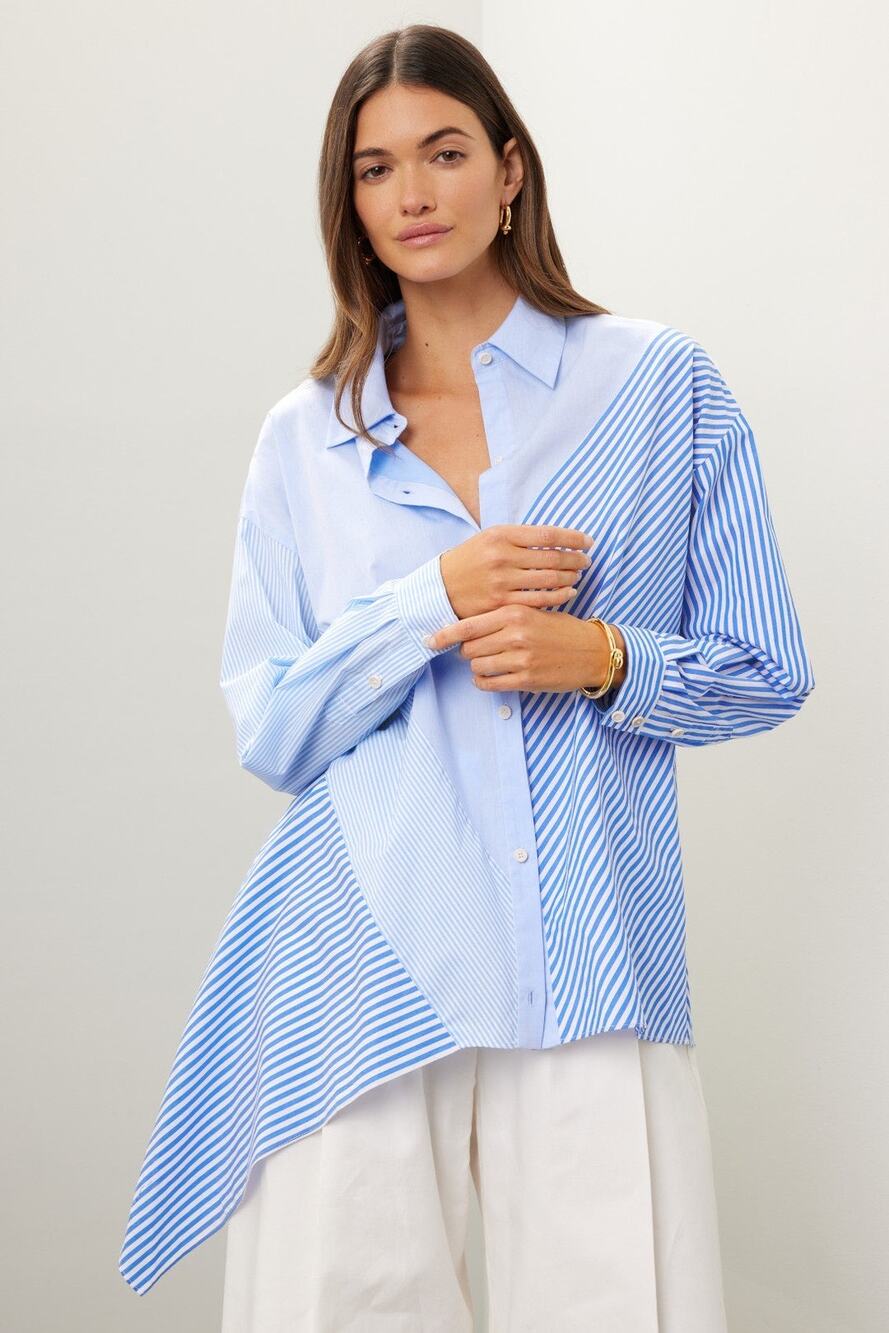 NAADAM Blue Cotton Asymmetrical Stripe Mix Button Up Long Sleeve Top Size Medium